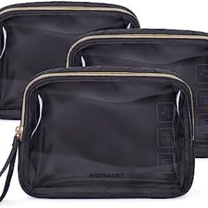 BAGSMART Clear Toiletry Bag, 3 Pack Travel Toiletry Bag, Carry On Luggage, Travel Accessories, Bag, Airport, Quart Size, Water Resistant Makeup Cosmetic Bag for Women, Black, 3 pieces