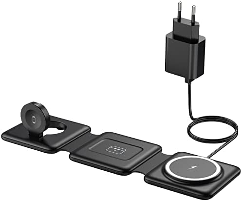 Mag-Safe Charging Station for iPhone Wireless Charger, 3-in-1 Foldable Wireless Charger Compatible with iPhone 14, 13, 12, 11 Pro Max Plus, Travel Charging Station for Apple Watch and Air Pods