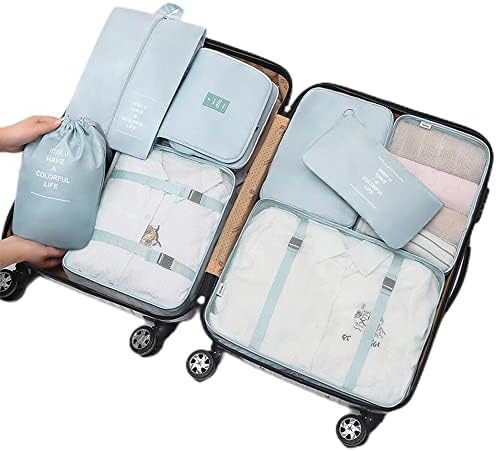 8 Piece Packing Cube Set, Travel Luggage Organiser, Storage Bags, Suitcases, Packaging, Includes Updated Toiletry Bag, Laundry Bag and Shoe Bag (Beige) (Sky Blue)