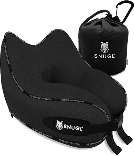 SNUGL Travel Pillow - Memory Foam Neck Pillow - Flight Pillow | Support Neck Pillow for Travel | Travel Neck Pillow for Aeroplane with Carry Bag | Flight Travel Essentials (Adults Regular, Black)