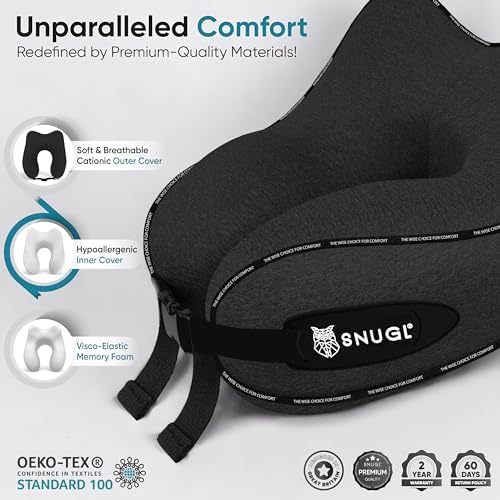 SNUGL Travel Pillow - Memory Foam Neck Pillow - Flight Pillow | Support Neck Pillow for Travel | Travel Neck Pillow for Aeroplane with Carry Bag | Flight Travel Essentials (Adults Regular, Black) - Image 4