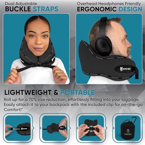 SNUGL Travel Pillow - Memory Foam Neck Pillow - Flight Pillow | Support Neck Pillow for Travel | Travel Neck Pillow for Aeroplane with Carry Bag | Flight Travel Essentials (Adults Regular, Black) - Image 3